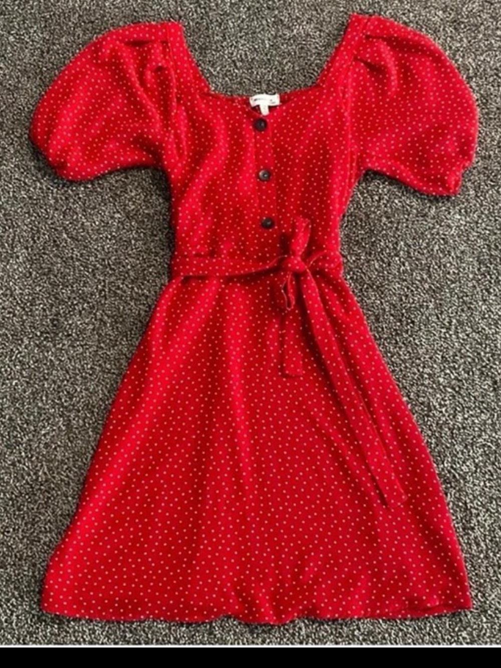 Red Polka Dot Puff-Sleeve Dress with Waist Tie
